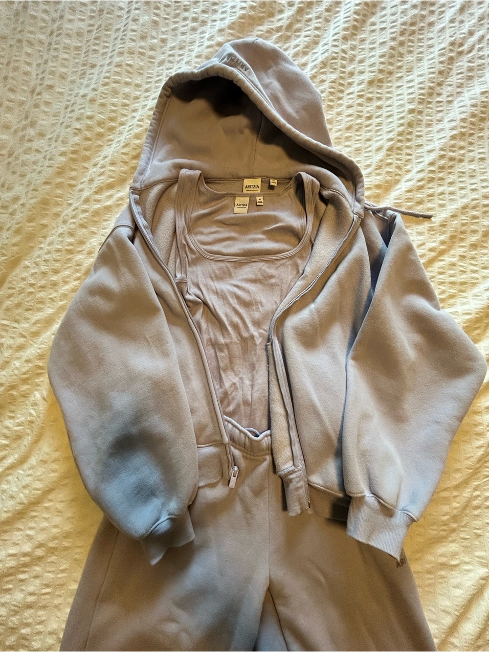 Aritzia Lilac Megafit Swestfleece Hooded Zip-Up, Sweatpants and Tank
